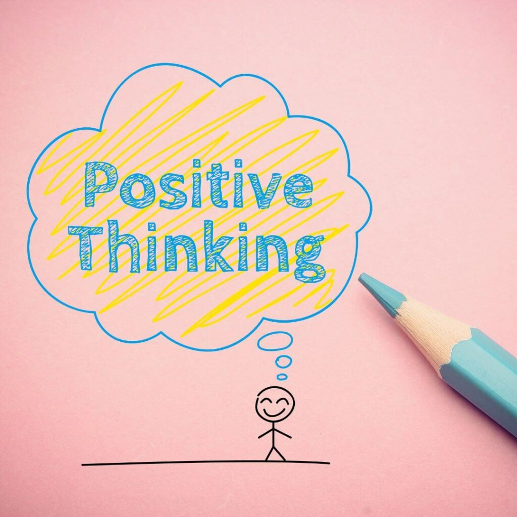 Das Bild zeigt ein Strichmännchen mit einer Denkblase. In der Denkblase steht Positive Thinking.